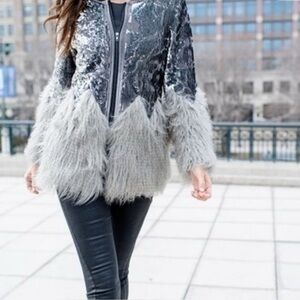 Fabulous  Donna Salyers Furs Silver Sequin Bomber Jacket Faux Fur